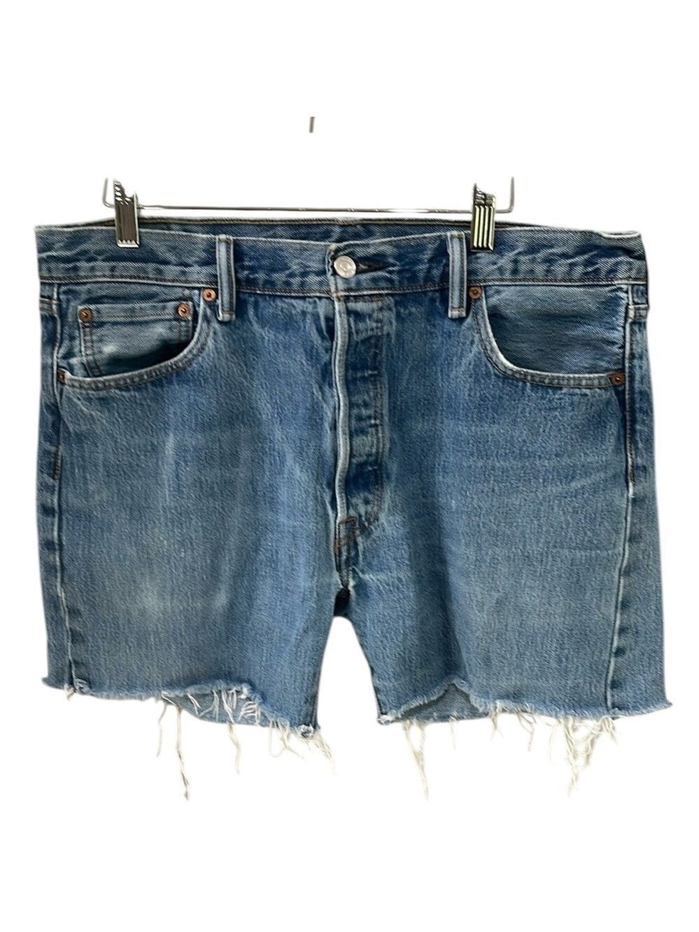 Levi’s Cut Off Distressed Wash Longer Length  Jean Shorts SZ 35” Denim Blue